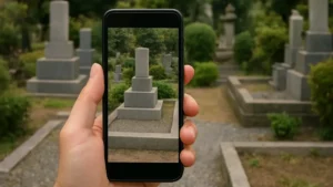 墓じまいの現地記録をスマホで撮影しているイメージ写真